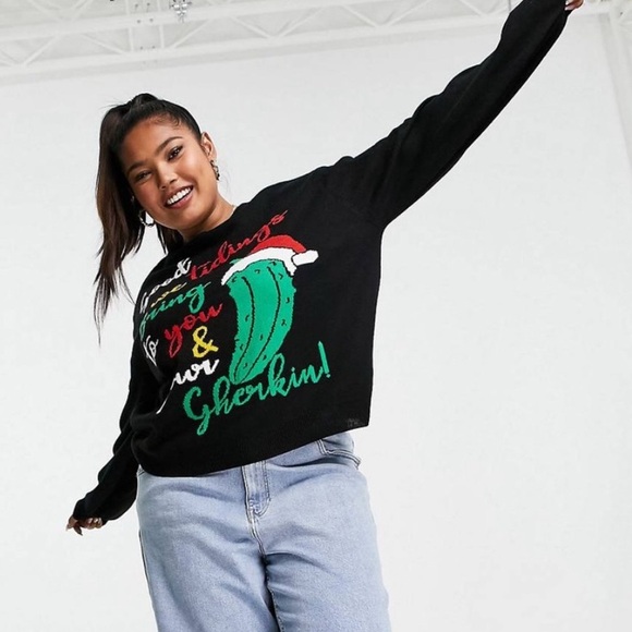 Threadbare Plus Christmas Gherkin Women's Knit Sweater In Black Size 14US - Picture 3 of 15